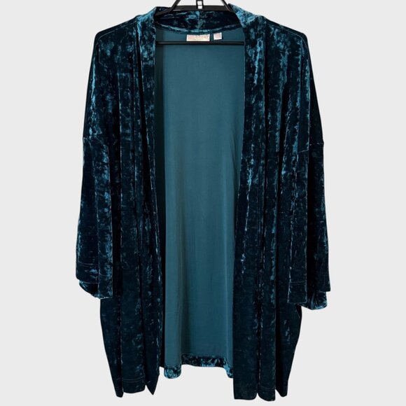 Belle Boho by Kim Gravel Crushed Velvet Topper Cardigan Teal Blue Women's 4X - Picture 1 of 11
